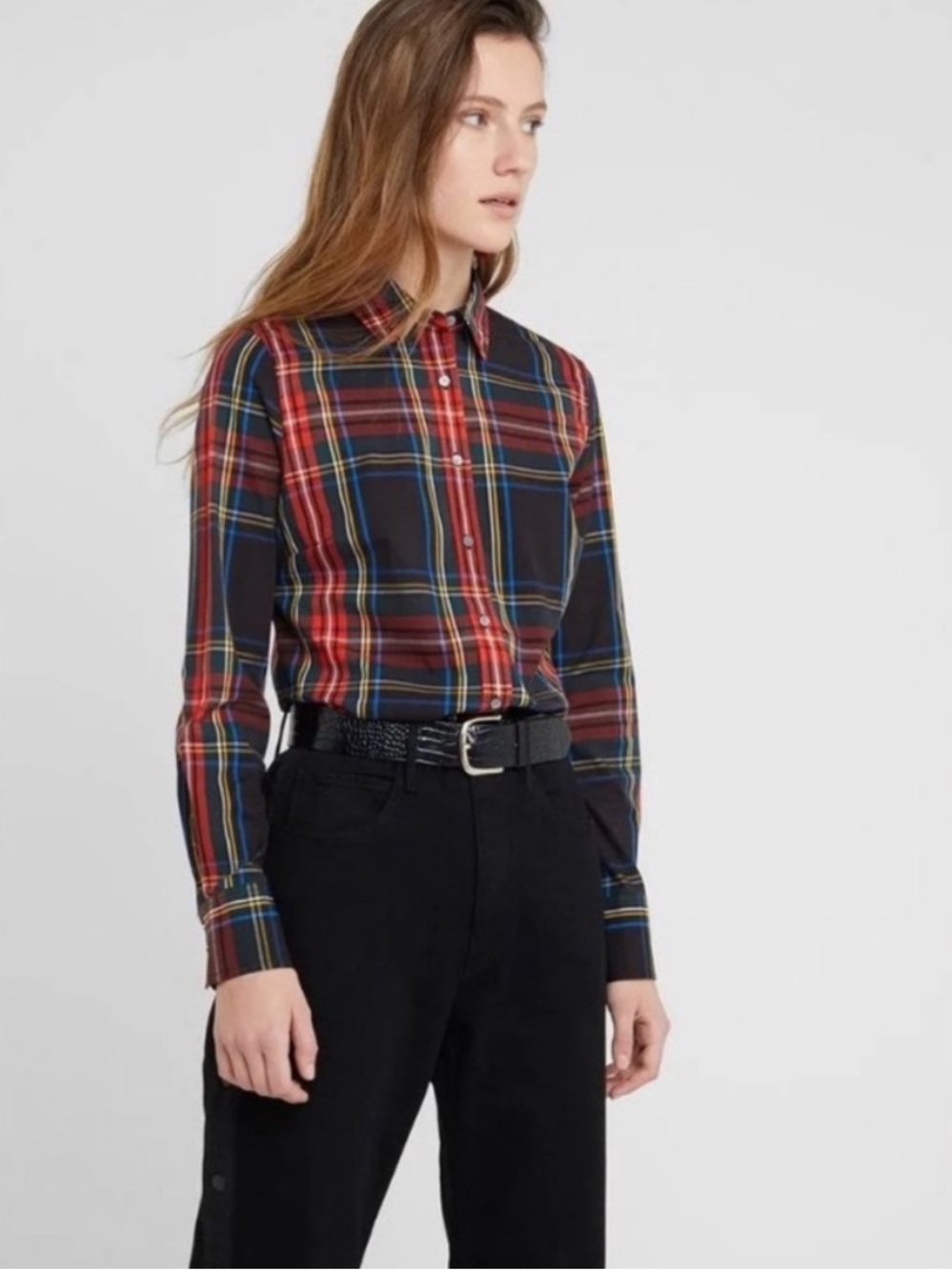 J Crew NWT Slim stretch perfect Western shirt in black Stewart tartan, size 0